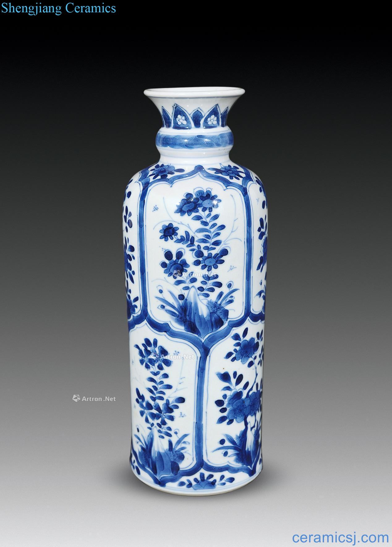 The qing emperor kangxi Blue and white medallion four seasons flower tube bottles