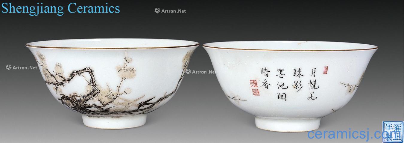 The late qing dynasty Ink color enamel the plum and the bamboo pair clear bowl (a)