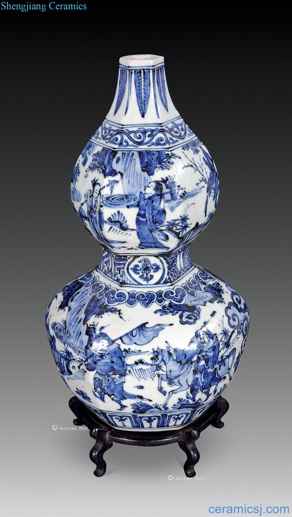 In the 17th century Blue and white horse figure eight square bottle gourd