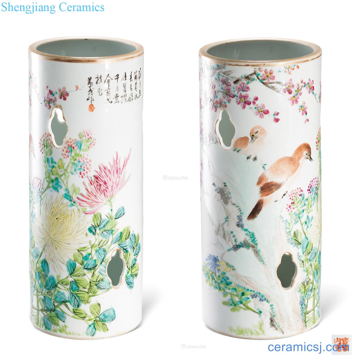 Qing guangxu Figure shallow purple color cap tube Xu Yimao painted flowers and birds