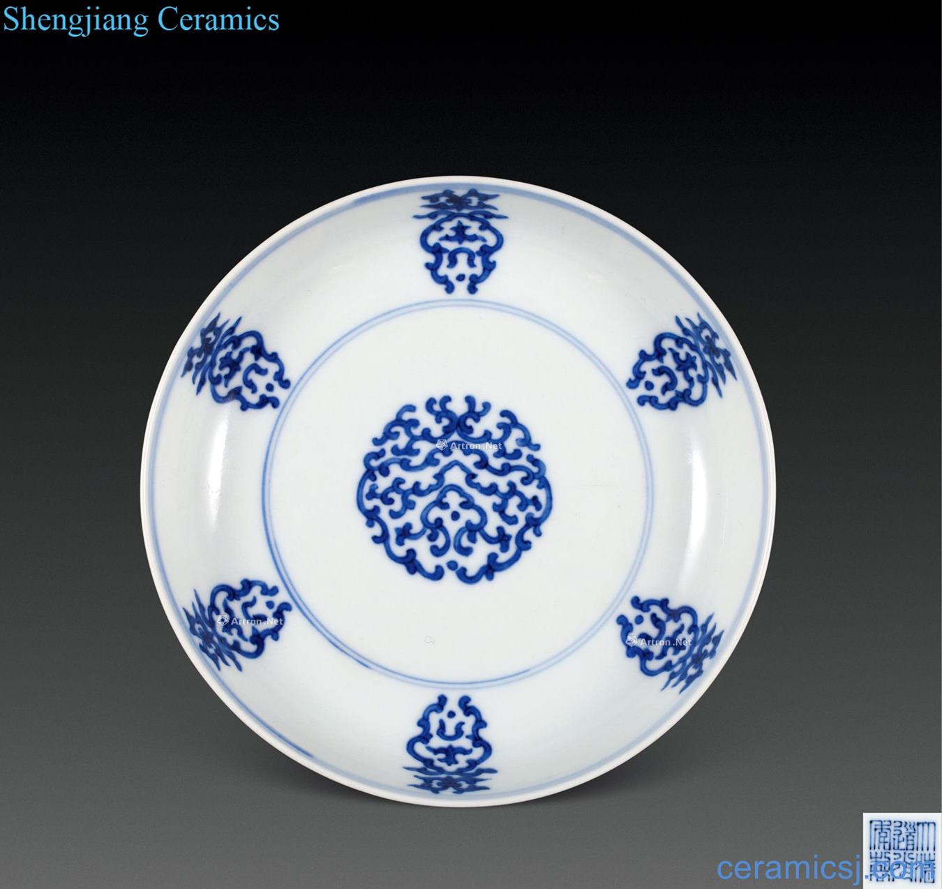 Qing daoguang Blue and white honeysuckle tray life of word