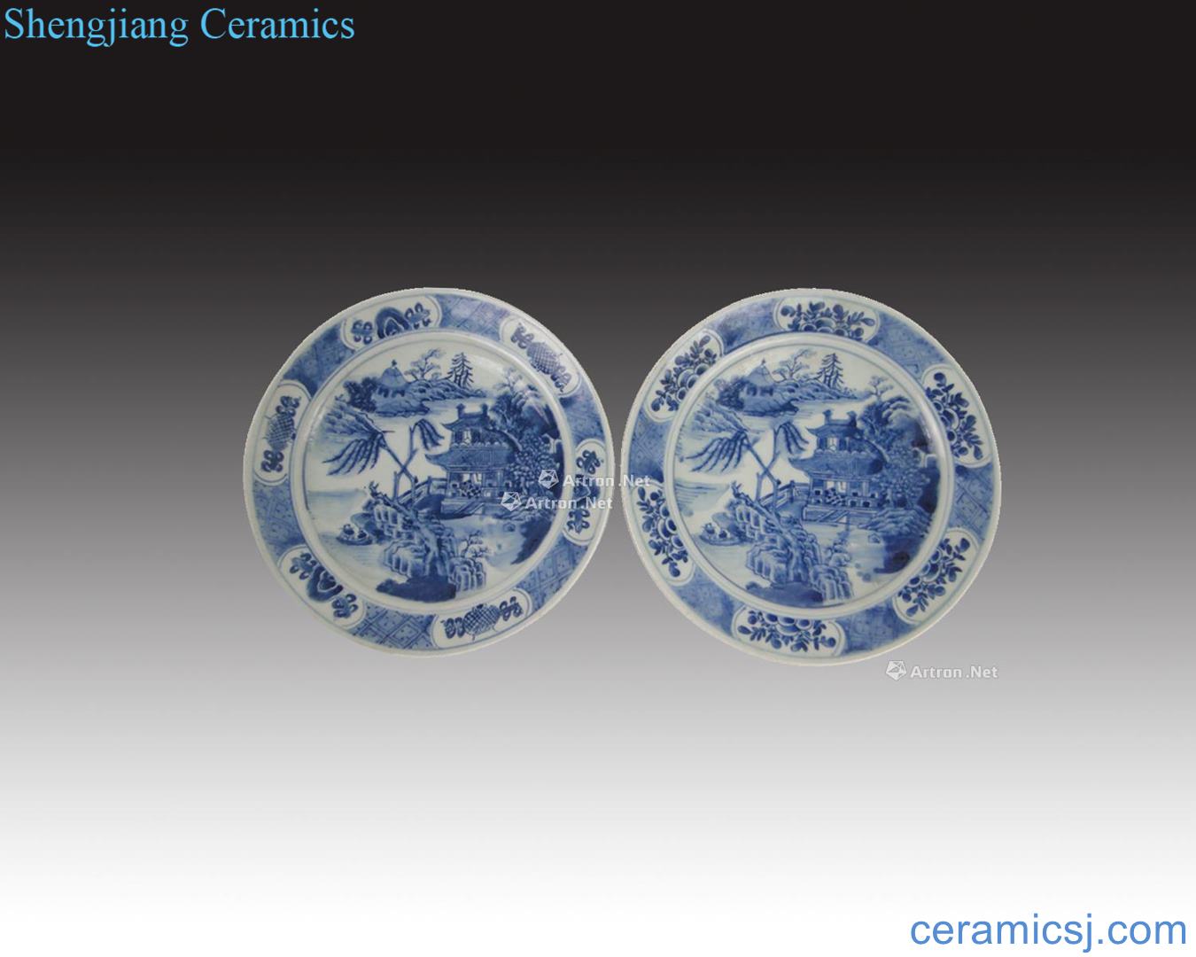 In the qing dynasty Kangxi double ring with blue and white landscape tray (a)