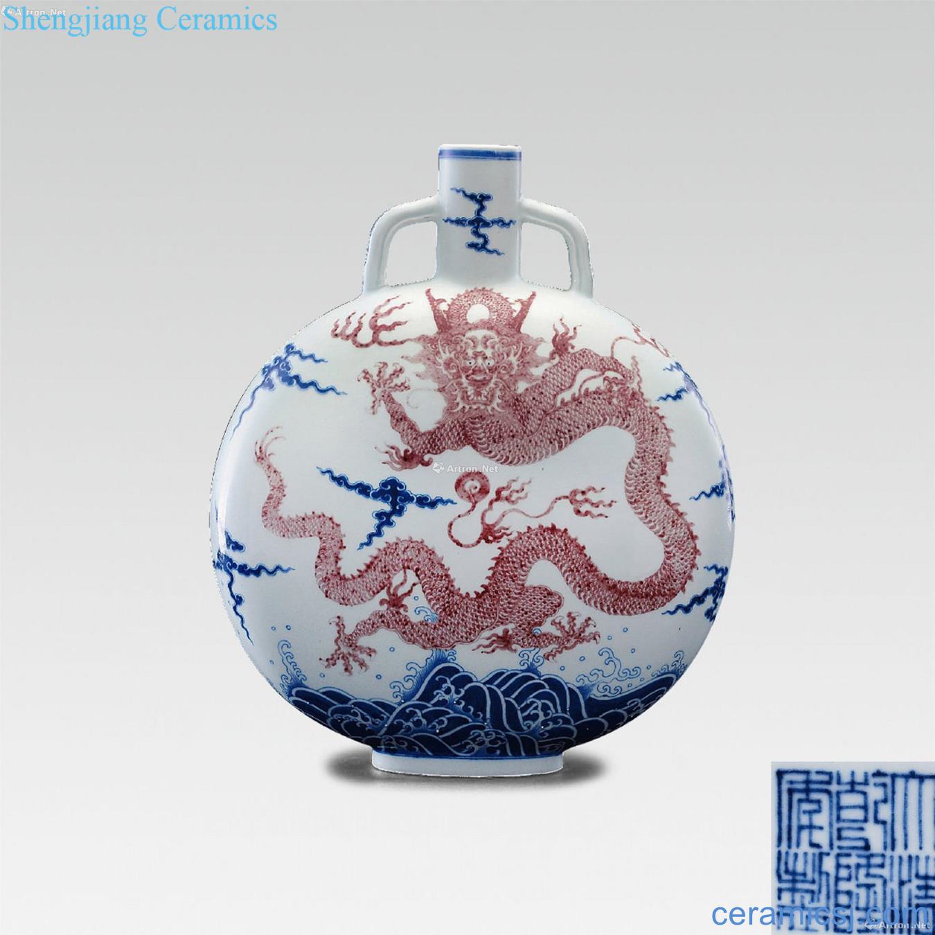 Blue and white youligong red dragon grain on bottles