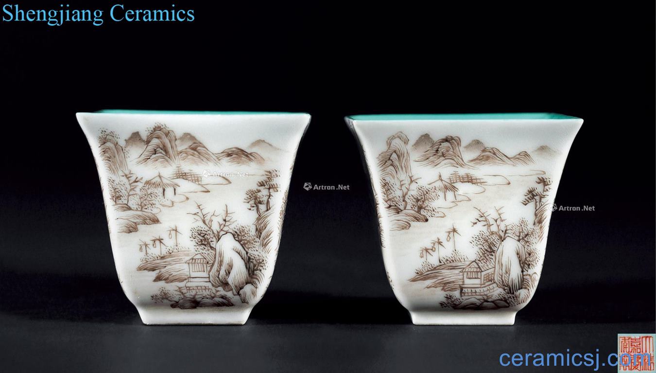 Qing jiaqing Color ink landscape grain square bucket shape small cup (a)
