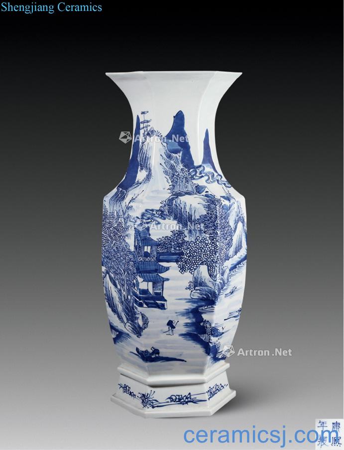 Blue and white bottle with six arrises