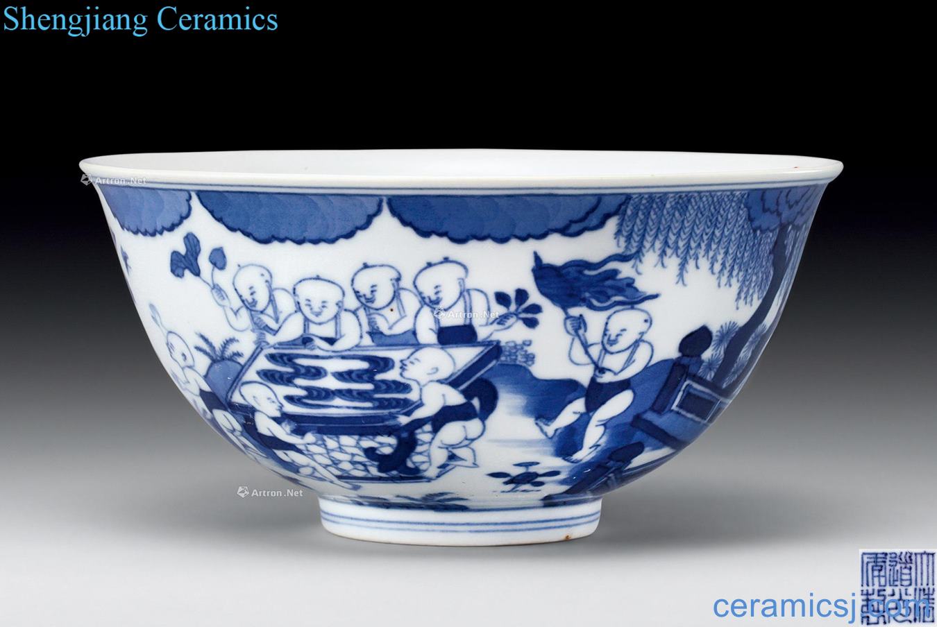 Qing daoguang Blue and white figure baby play bowls