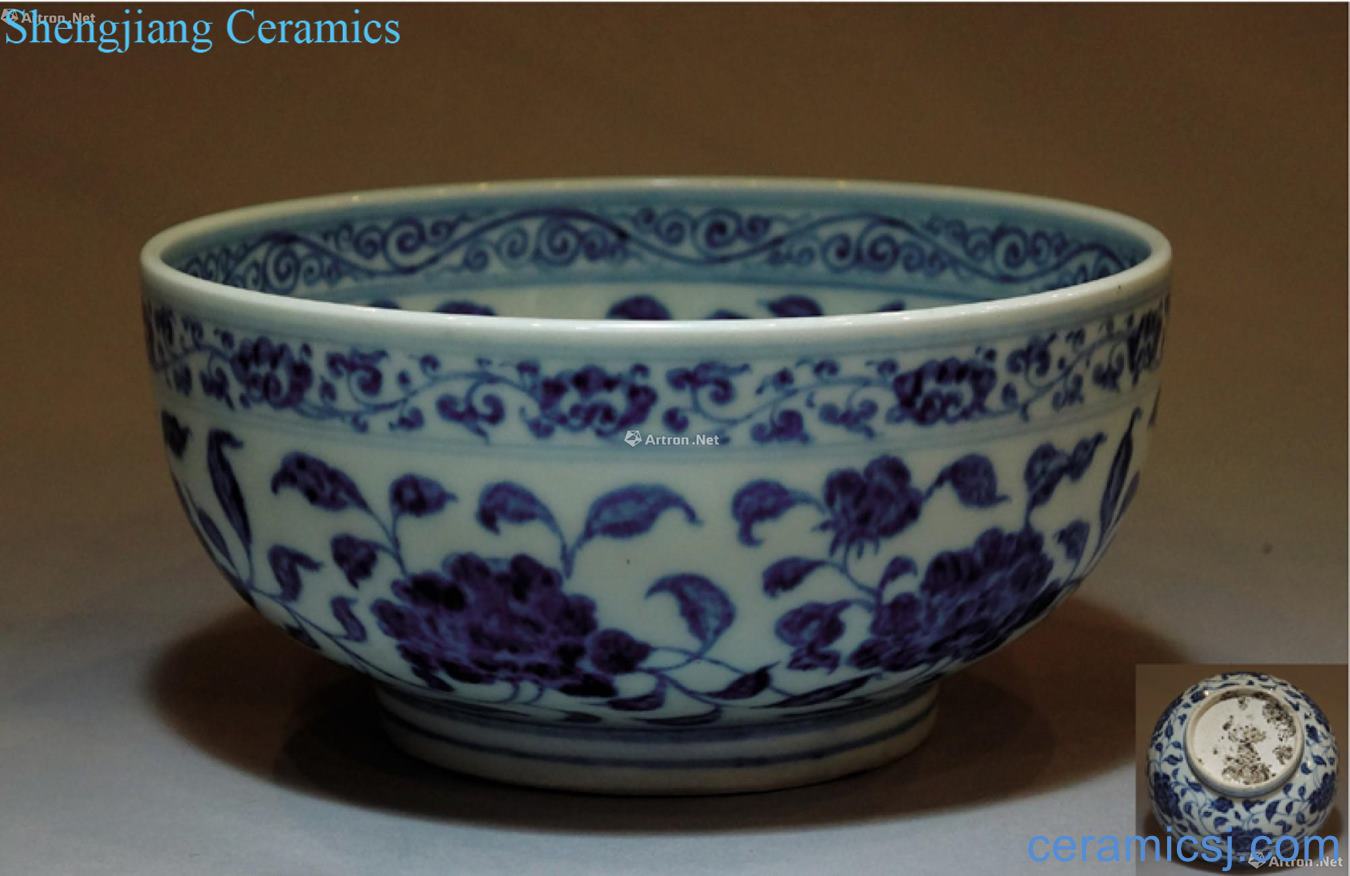 Blue and white ruffled branch flowers green-splashed bowls