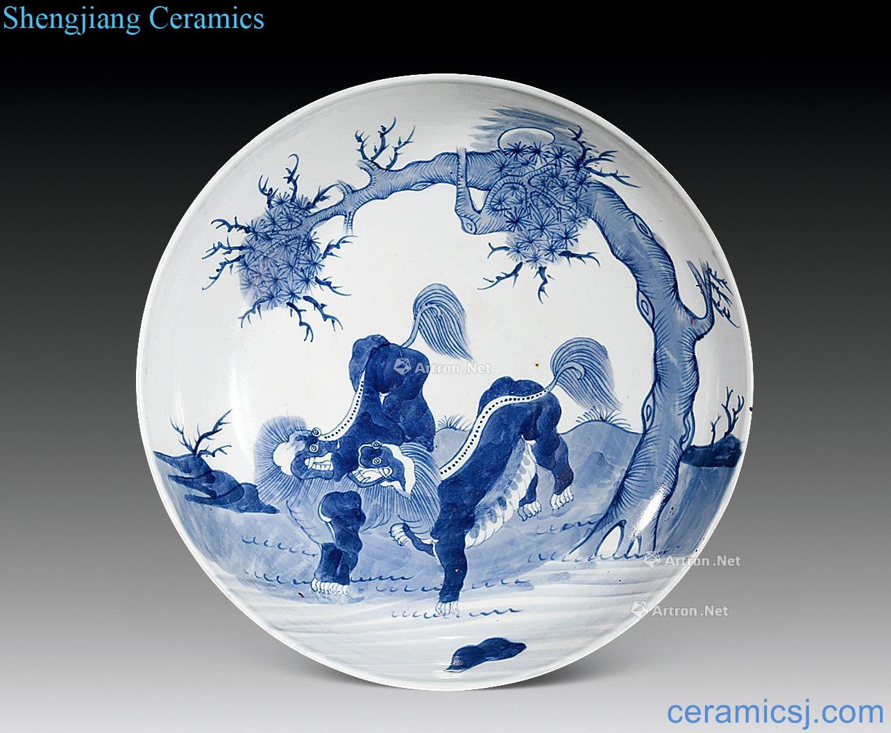 Qing dynasty blue and white too less lion lion tray