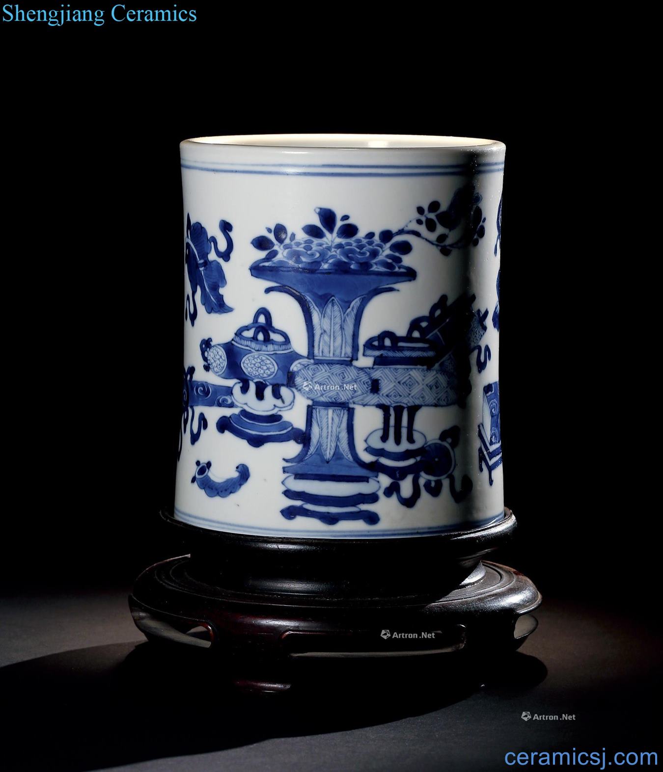 Mid qing Blue and white antique pen container lines
