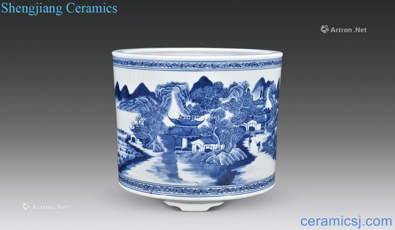 qing Blue and white landscape character lines three foot brush pot