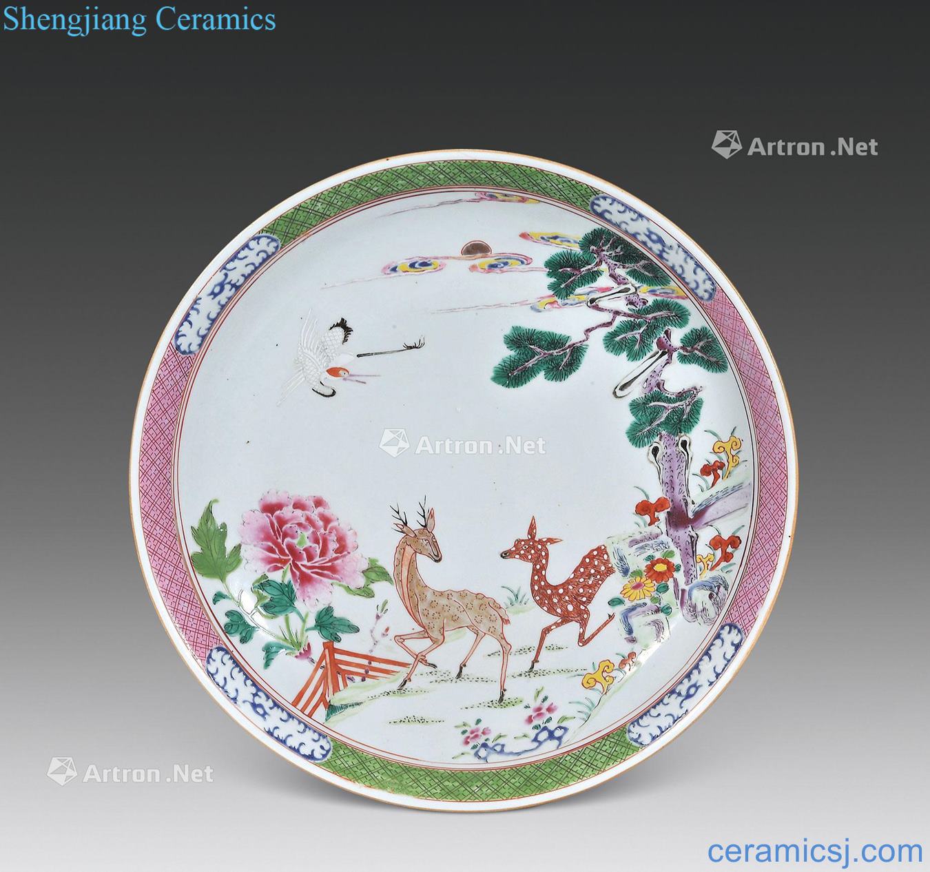 Qing yongzheng pastel crane deer with spring plate