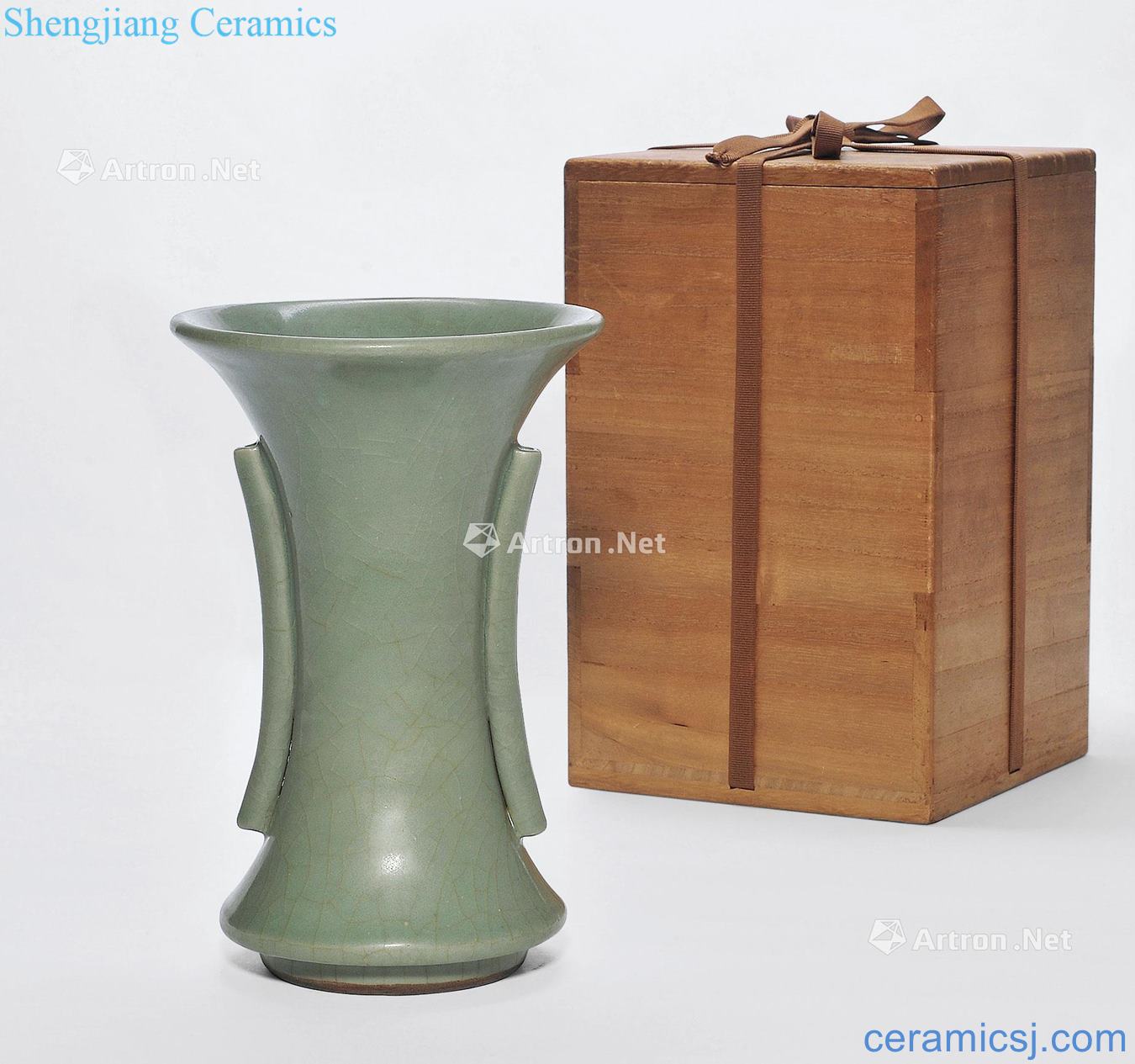 Ming dynasty Longquan celadon penetration ear vase with flowers