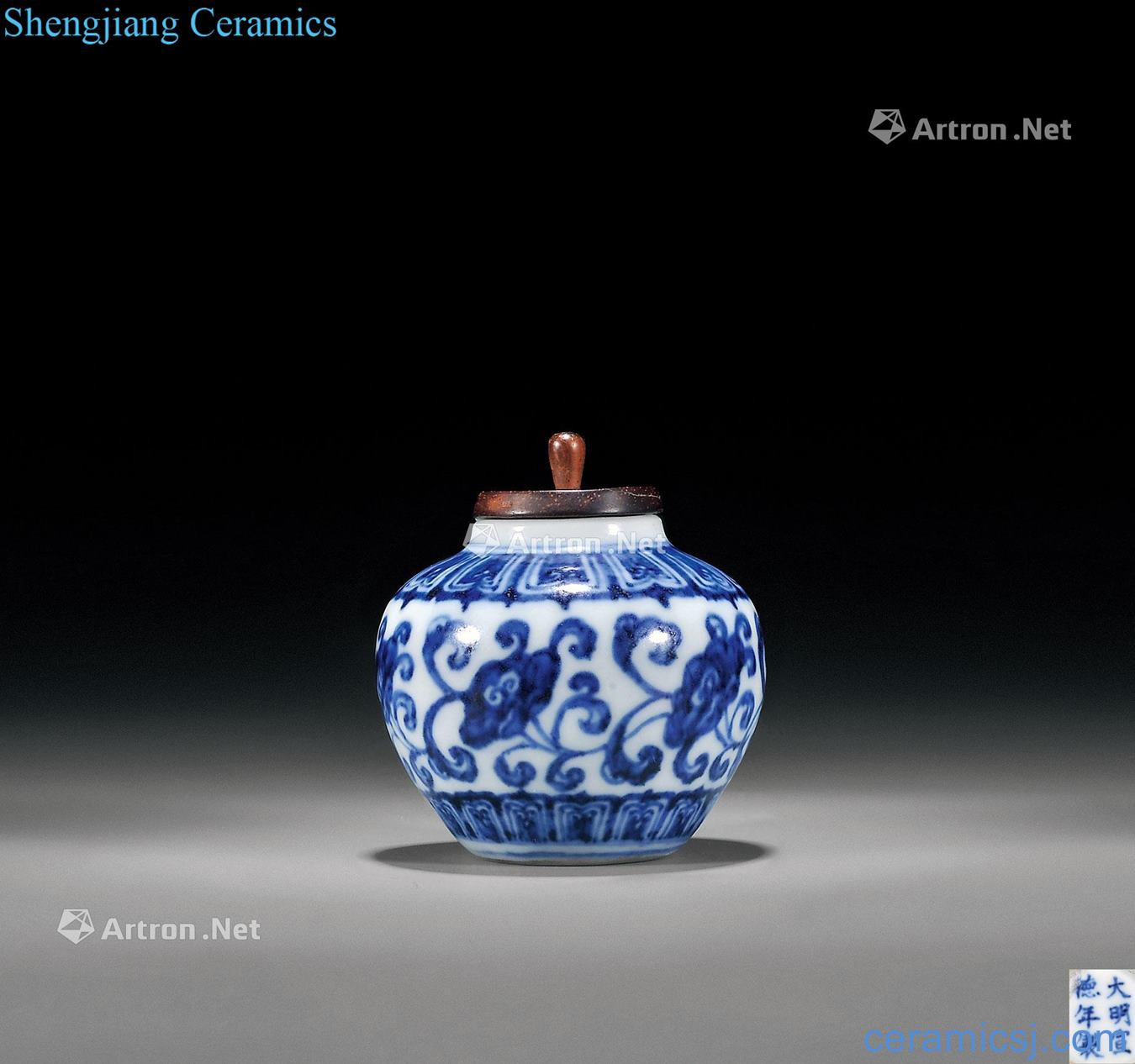 Imitation of the reign of emperor kangxi jintong of blue and white tie up flower grain canister