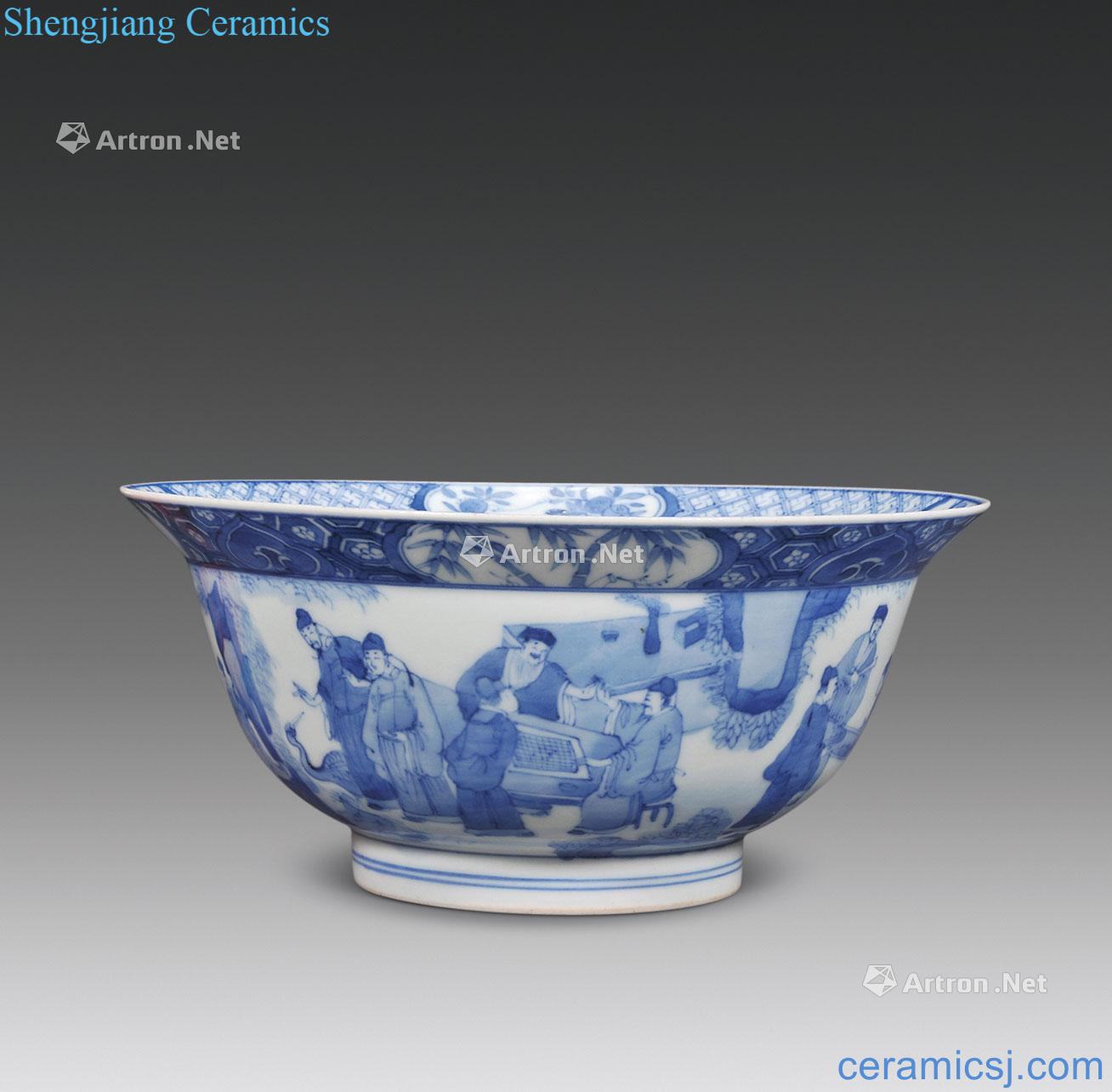 qing Blue and white 18 bachelor's stories of yingzhou figure fold along the bowl