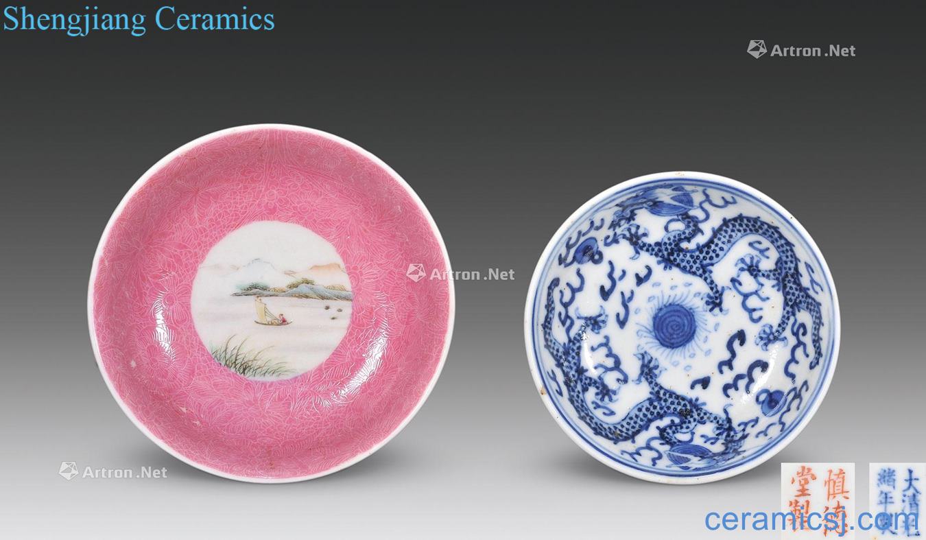 Qing guangxu Blue and white YunLongWen small dish Carmine to rolling way medallion pastel landscape pattern small dish each one