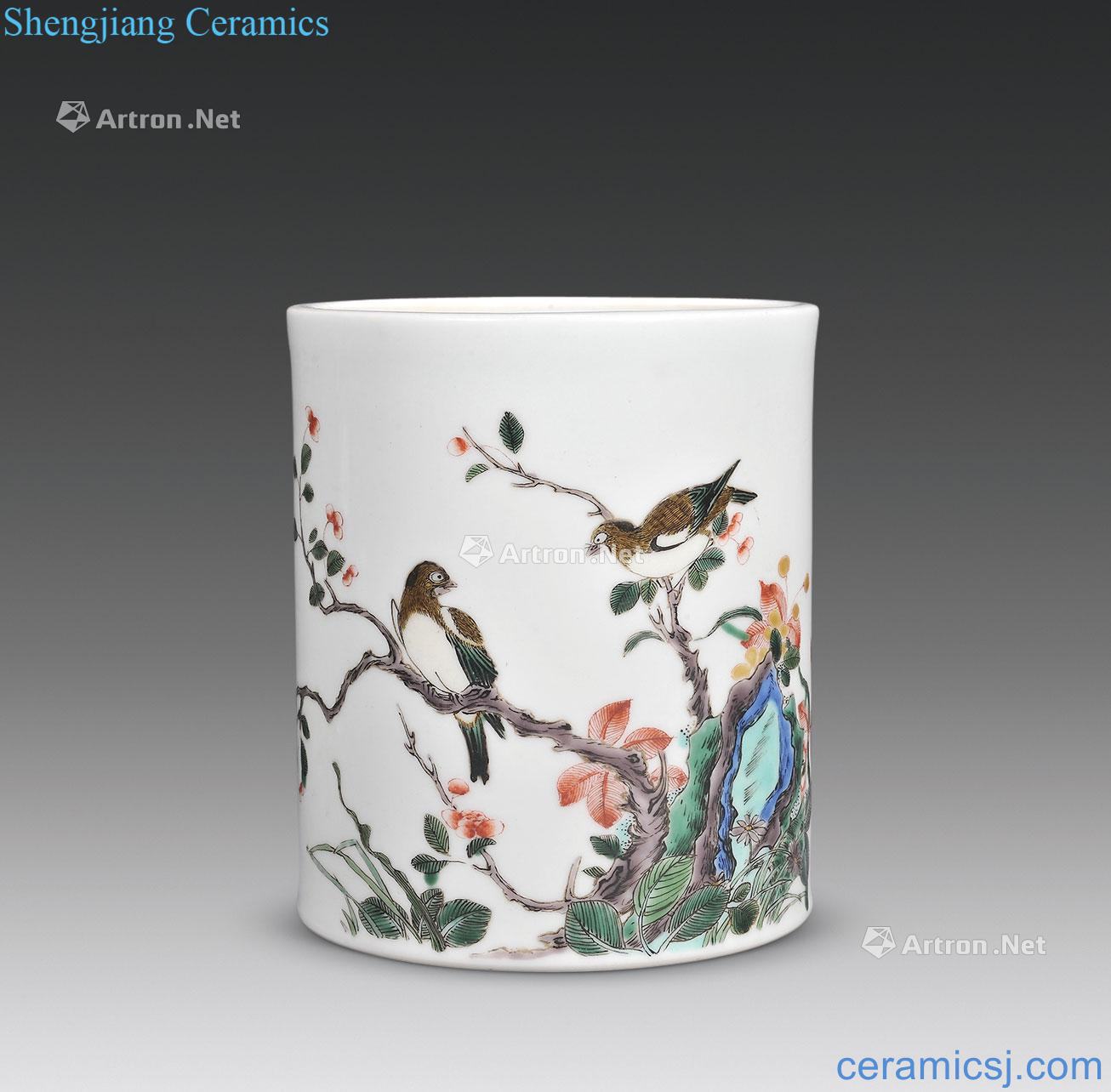 qing Colorful flowers and birds grain brush pot