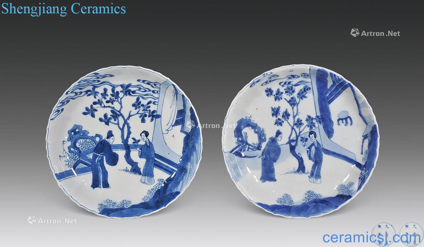 The qing emperor kangxi Blue and white figure lotus-shaped stories of west chamber plate (a)