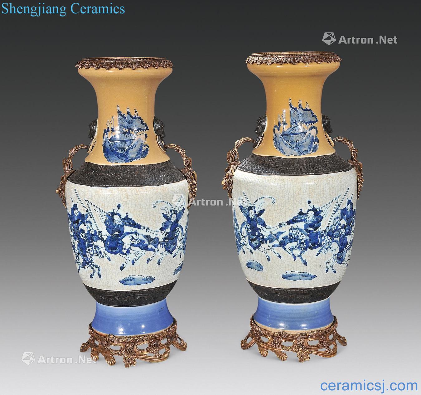 In late qing dynasty The glaze blue knife horse figures grain big bottle (a)