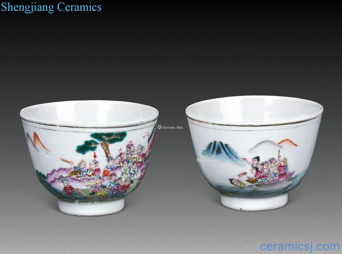 Pastel characters in the late qing dynasty a small handleless wine cup (a pair of two)