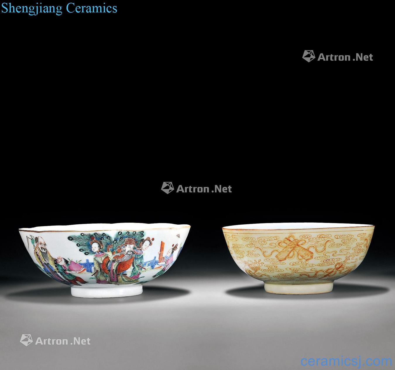 Qing jiaqing xianfeng Dark the eight immortals grain cream-colored glaze alum red bowl Pastel celebrates the life of flower mouth bowl each (a)