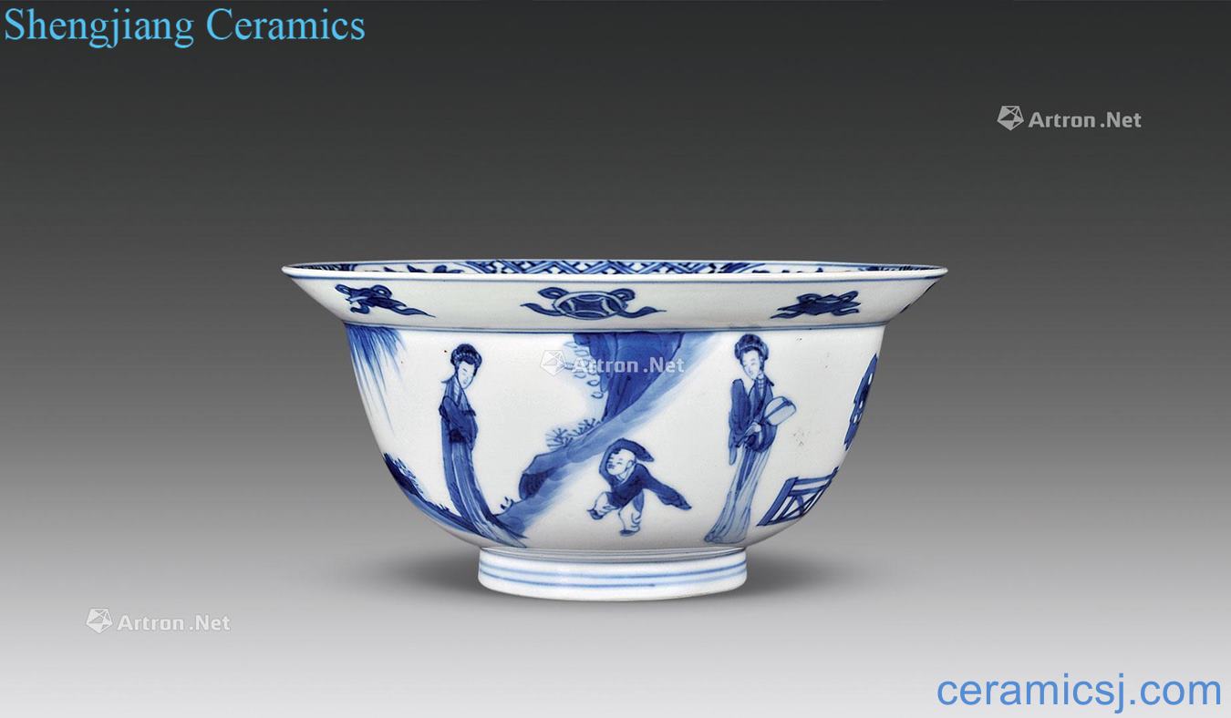 The qing emperor kangxi Blue and white lady baby play figure fold along the bowl