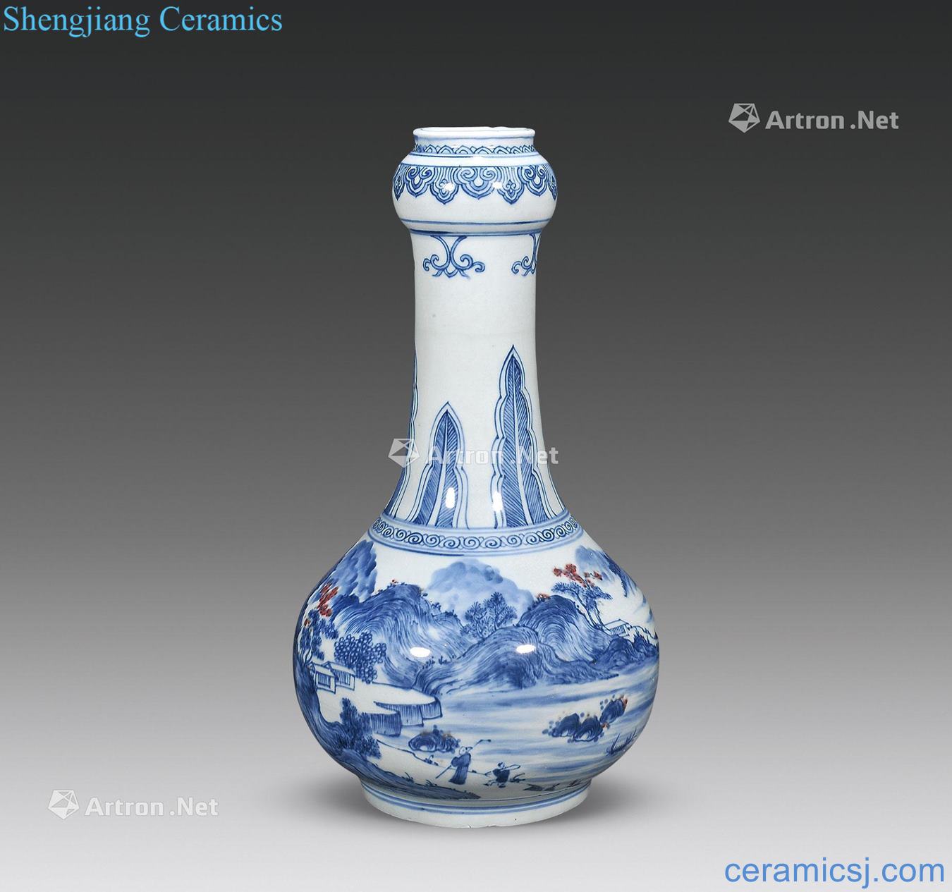 Early qing dynasty blue-and-white youligong mountain figure bottles garlic friends and relatives