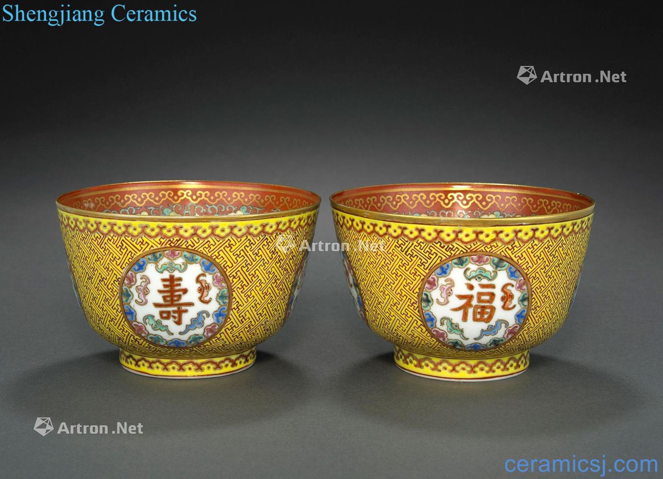 Qing guangxu Yellow to enamel paint coral red ferro ShouXi 盌 (a)