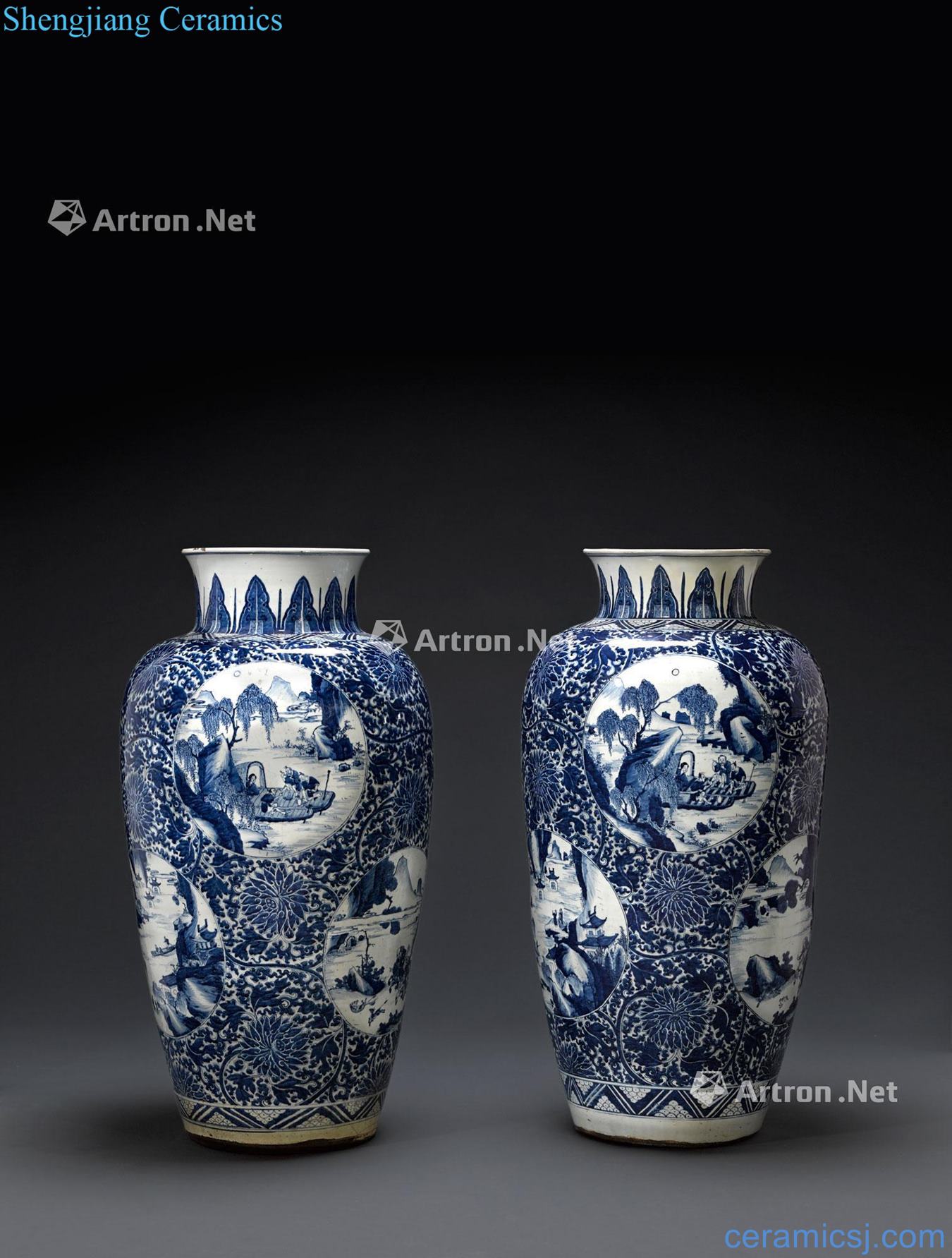 The qing emperor kangxi Blue and white tie up lotus flower grain medallion landscape character figure in big tank (a)