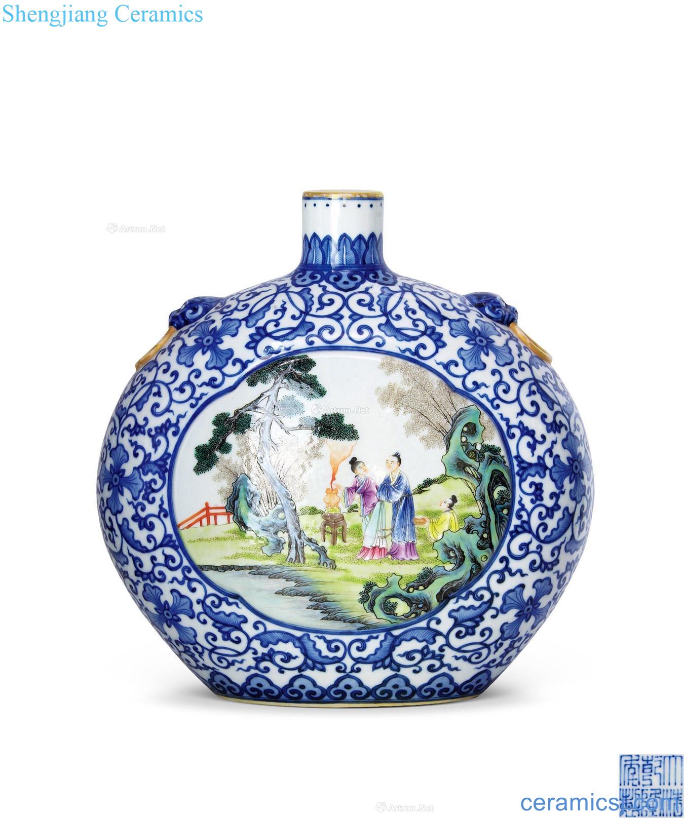 Blue and white colour qianlong pastel landscape character medallion binaural pot