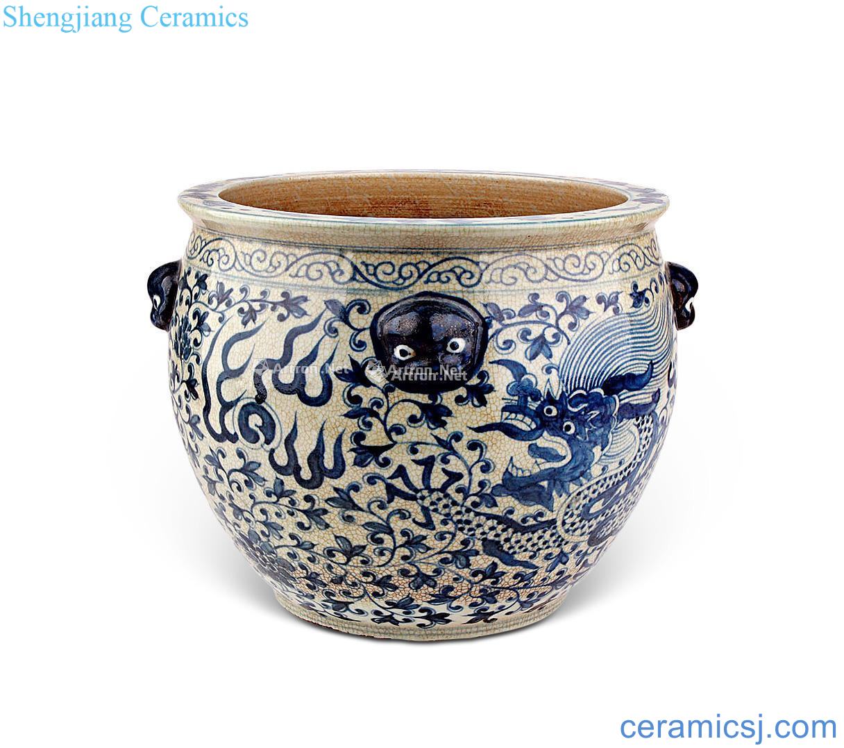 In the early qing Blue and white chrysanthemum branches dragon roll cylinder