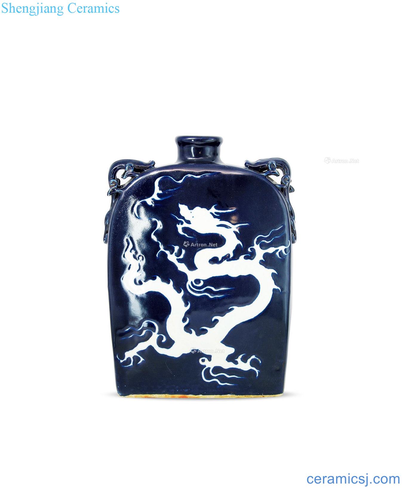 yuan Ji blue glaze leave white dragon grain four square bottles