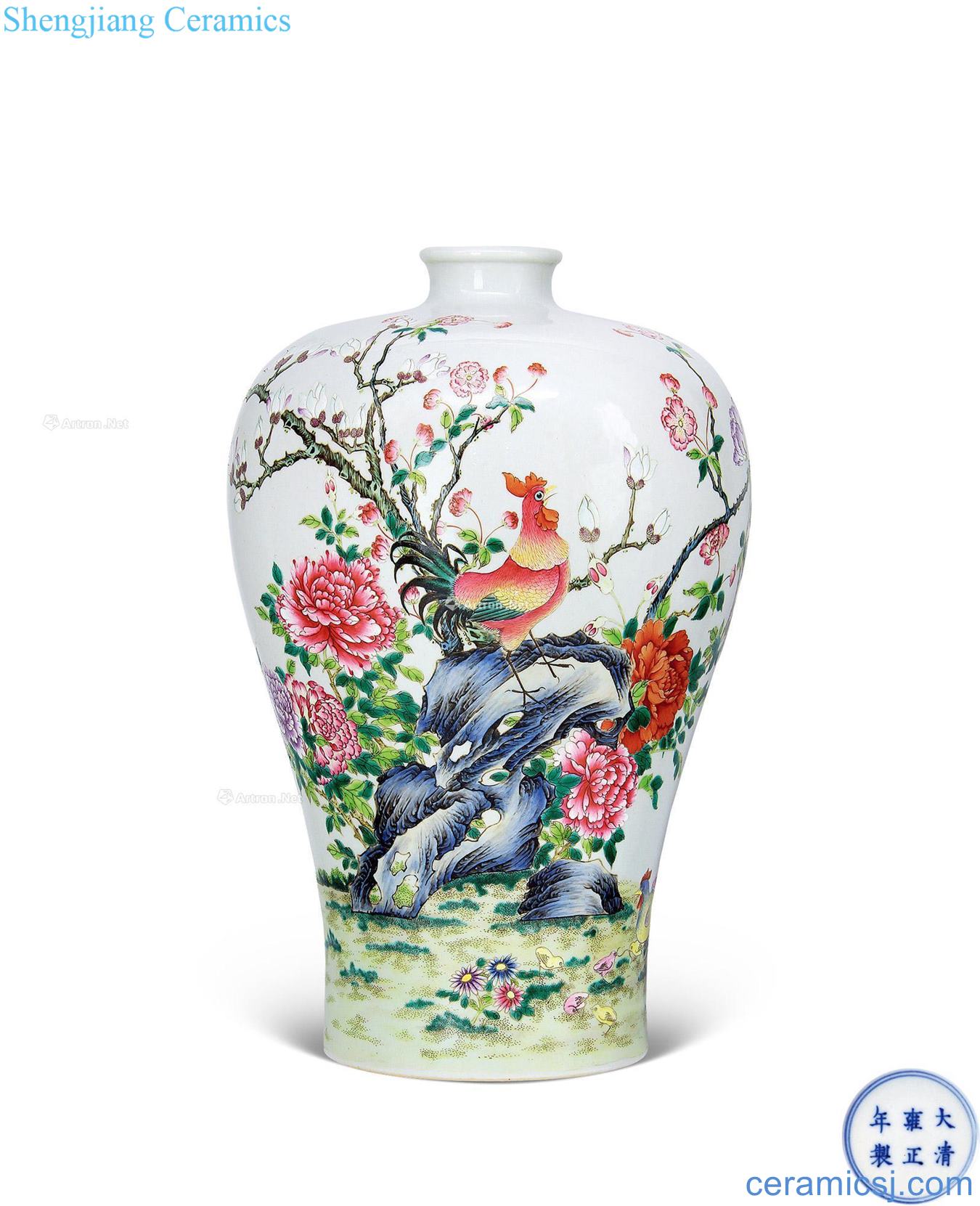 Qing yongzheng pastel rock peony cock grain mei bottle