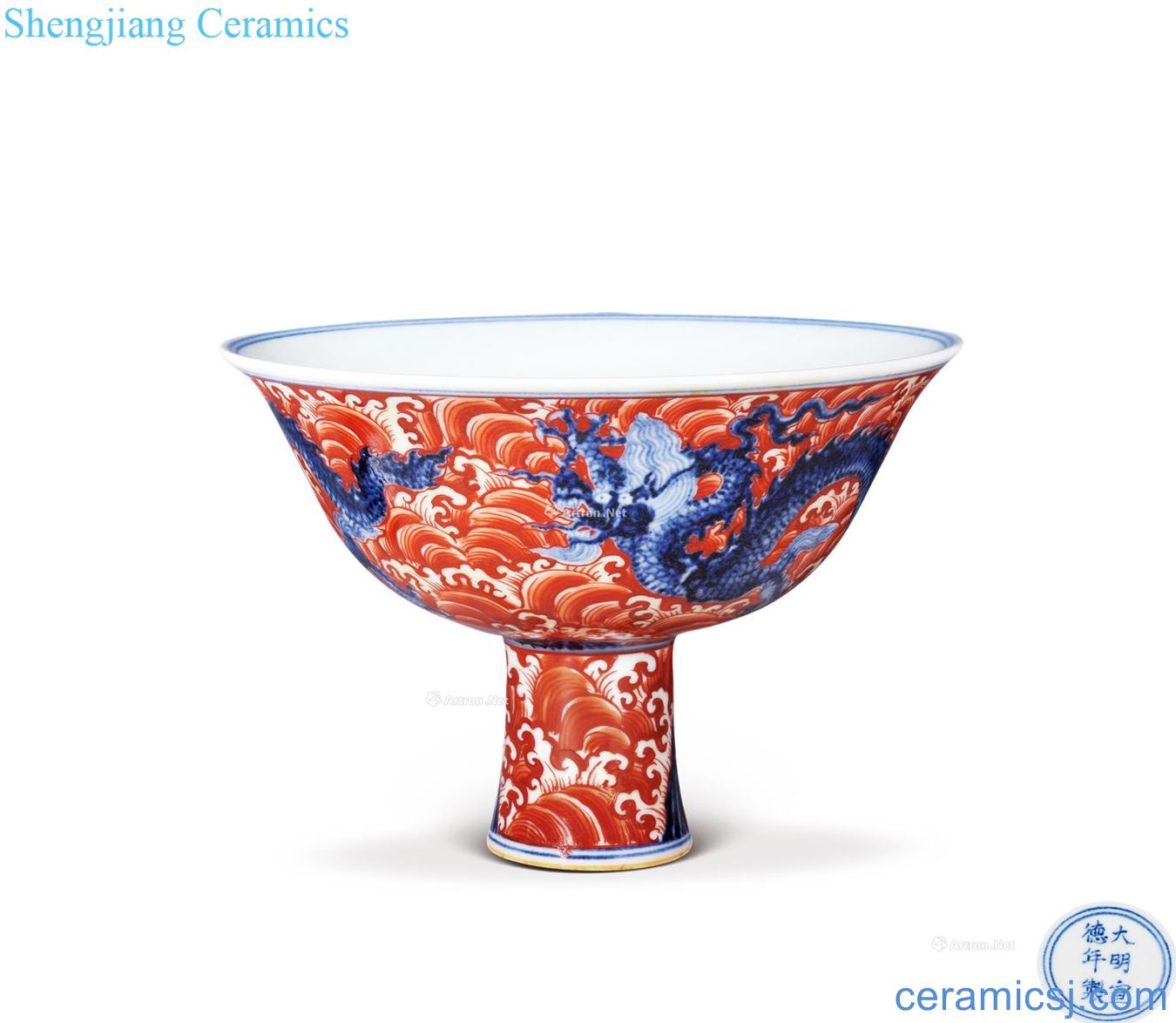 Ming xuande Blue and white dragon brahman red sea footed bowl