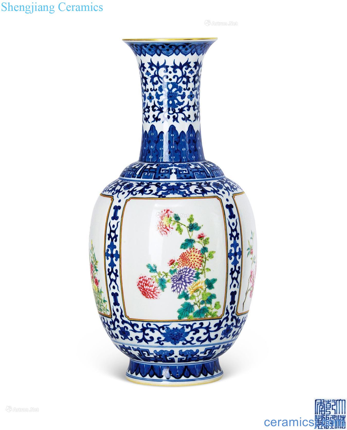 Blue and white medallion qianlong pastel four seasons flower flask