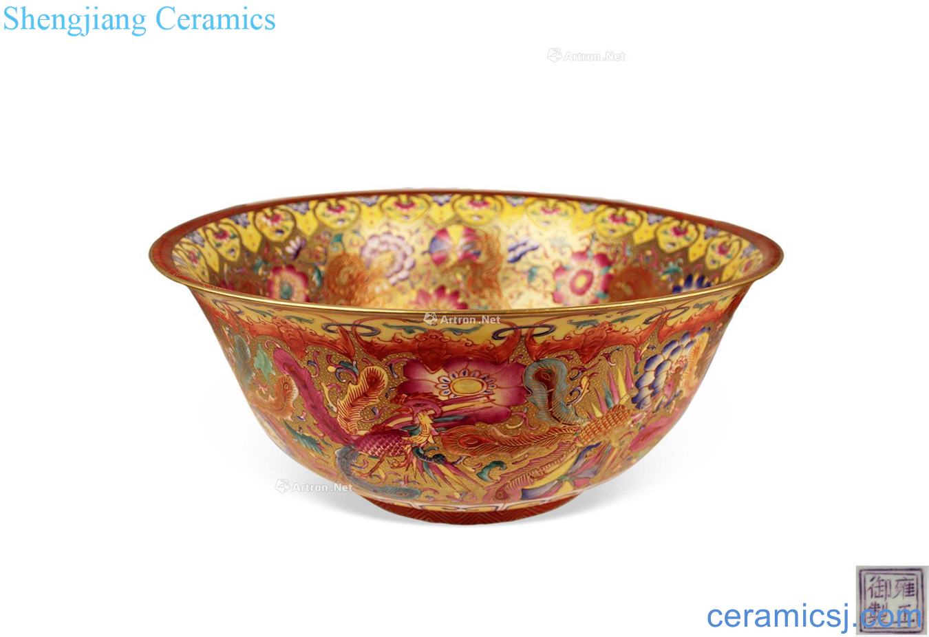 Yongzheng jindi pastel alum flowers red color lines, Kowloon bowl of the sea