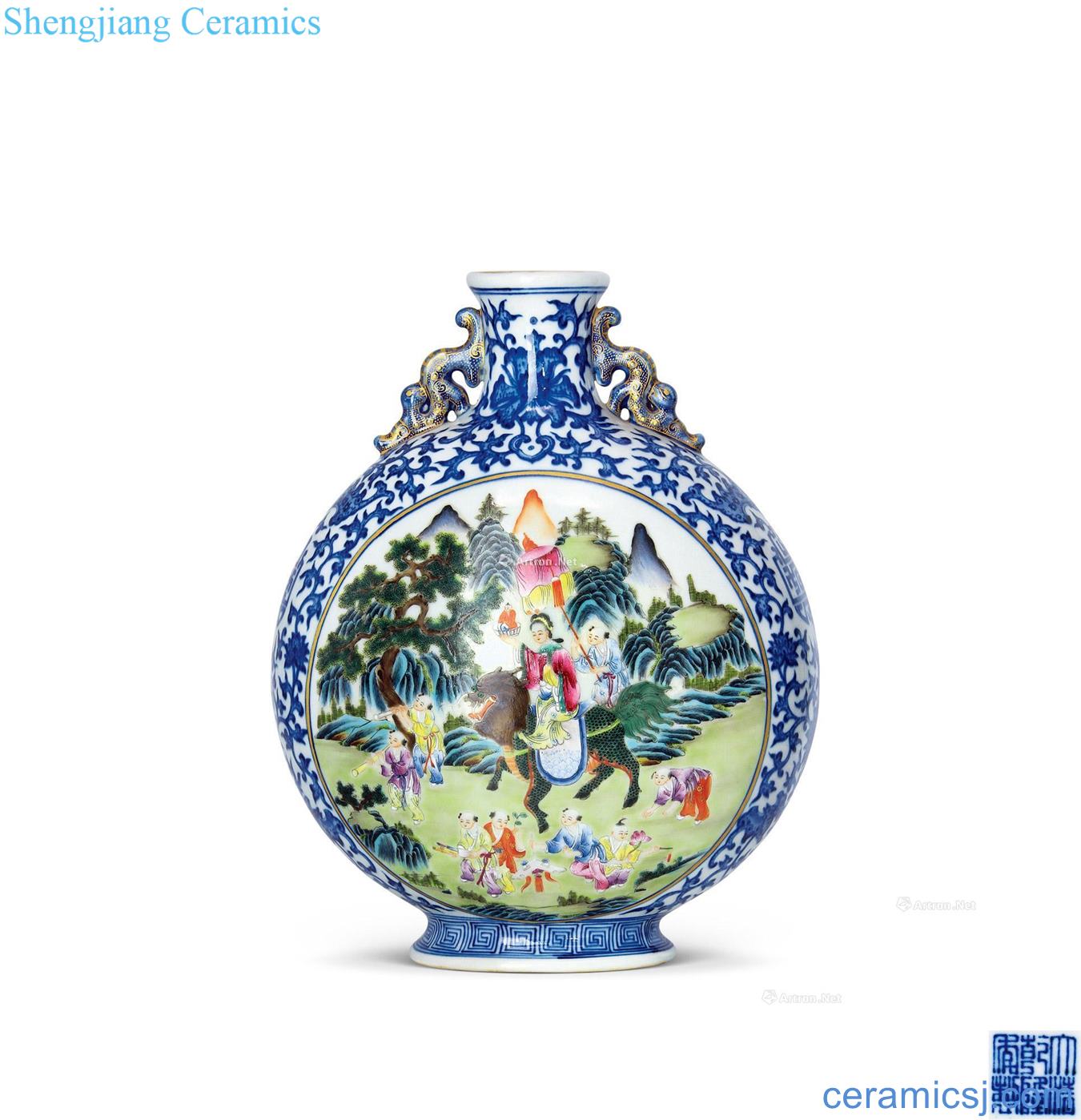 Qianlong blue-and-white pastel landscape medallion misty ears flat pot