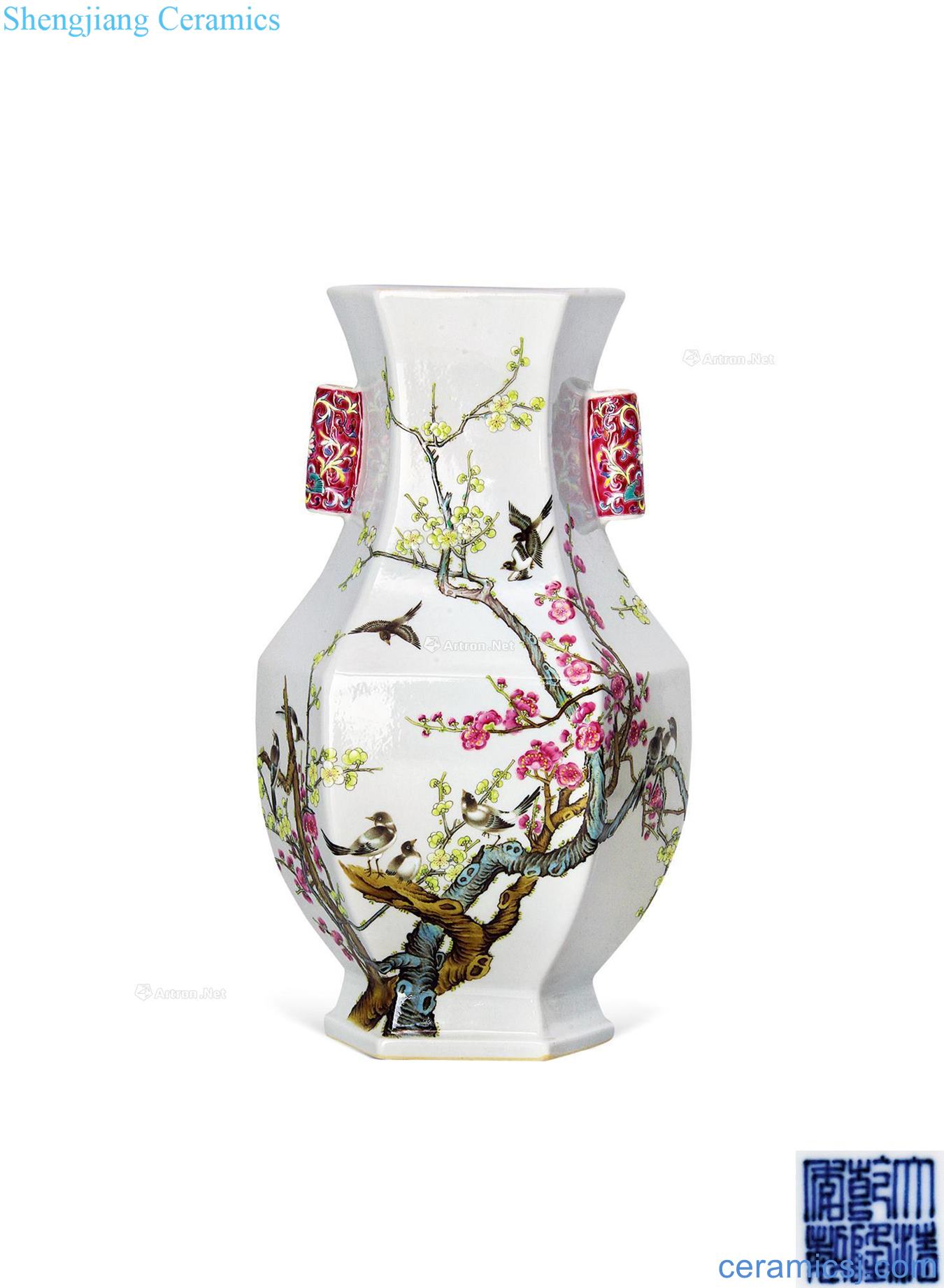 Qianlong powder enamel grain six-party double ears