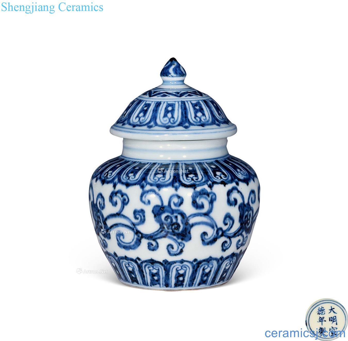 Ming xuande Blue and white flowers lines cover tank