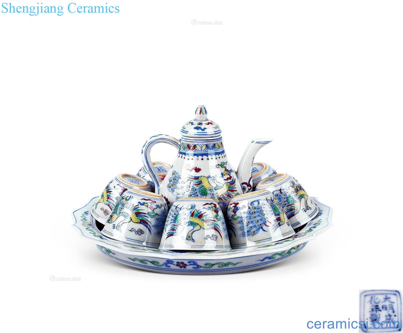 Ming chenghua Fight colourful feng grain ewer, cup, tray (a)