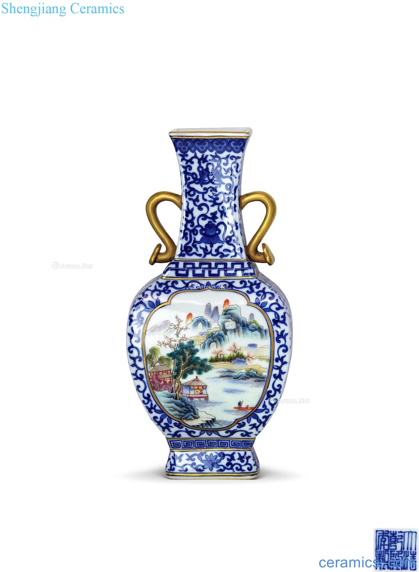 Qianlong blue-and-white pastel landscape character medallion double ears