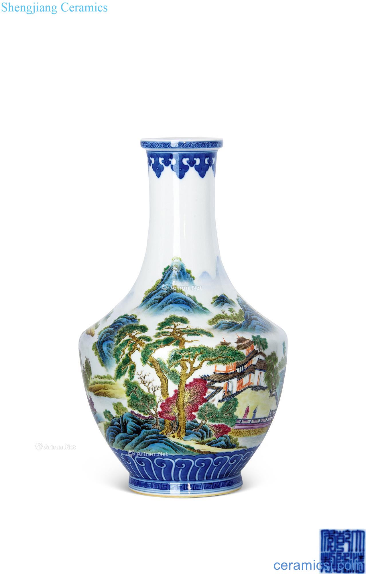 Qianlong blue-and-white pastel landscape characters of the reward bottle