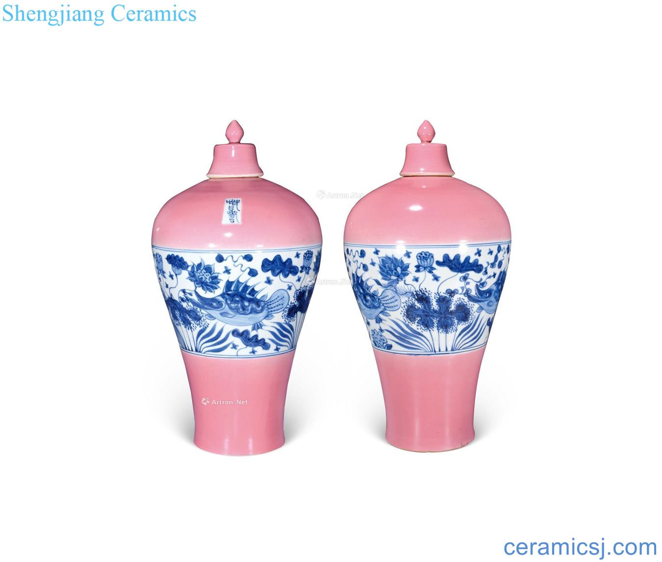 The pink glaze to early Ming blue and white fish algae lotus grain mei bottle with a cover on it