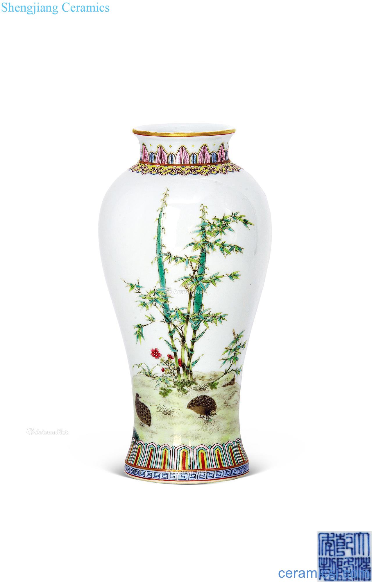 Qianlong pastel shochiku flower-and-bird grain big plum bottle