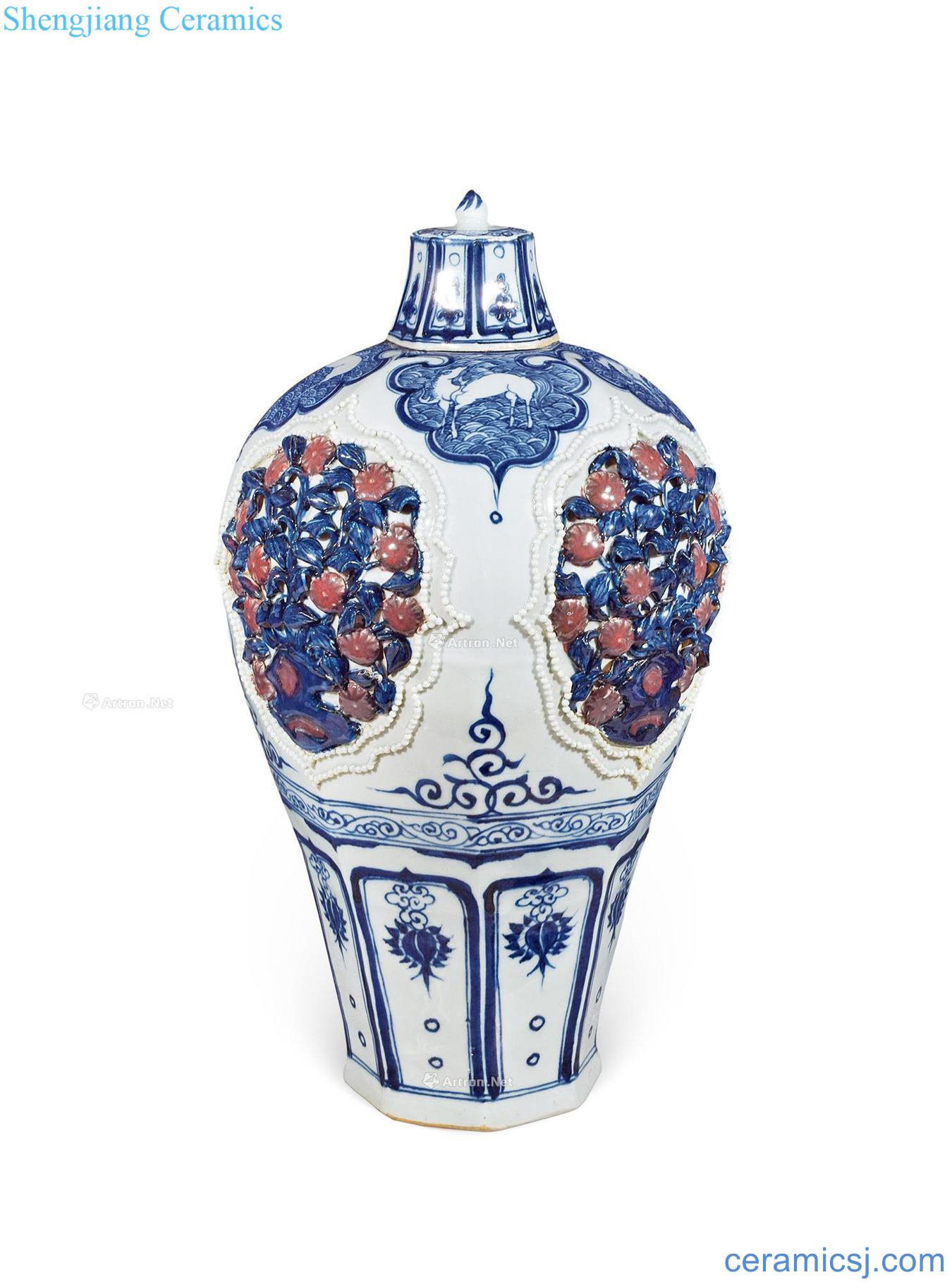 yuan Blue and white youligong medallion plastic coated flower plum bottle half cover