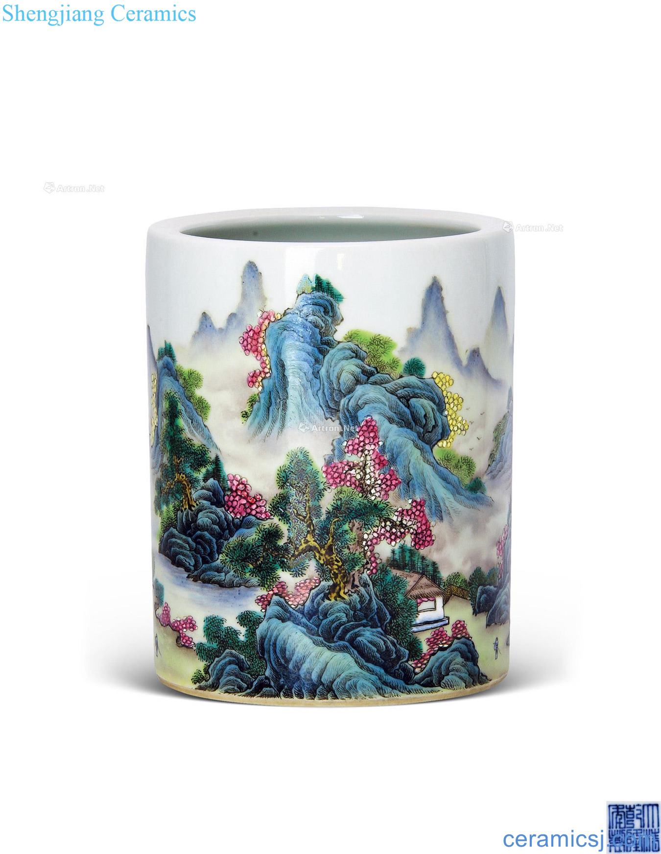 Qianlong pastel landscape character brush pot