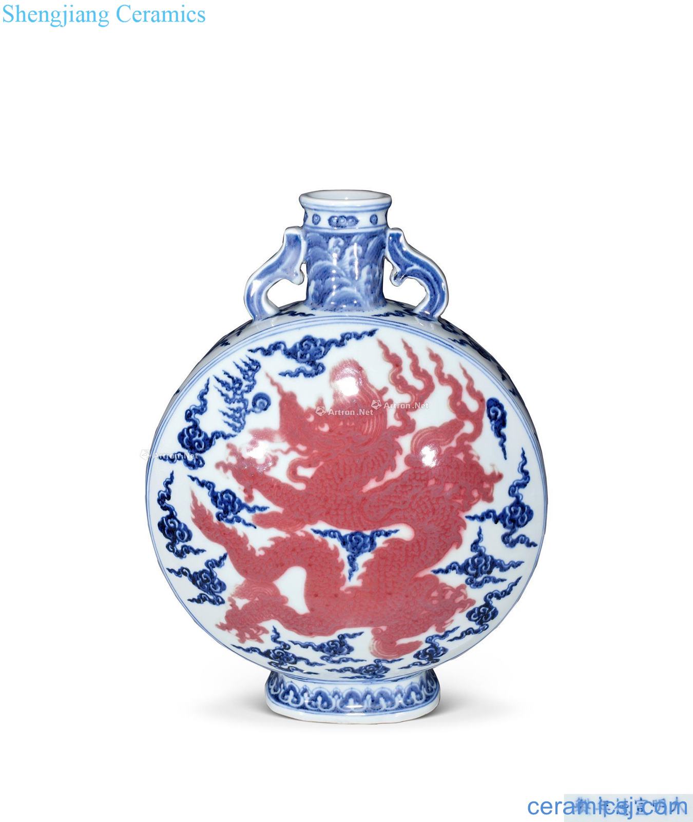 Ming xuande Blue and white youligong red dragon grain ruyi ear flat bottles
