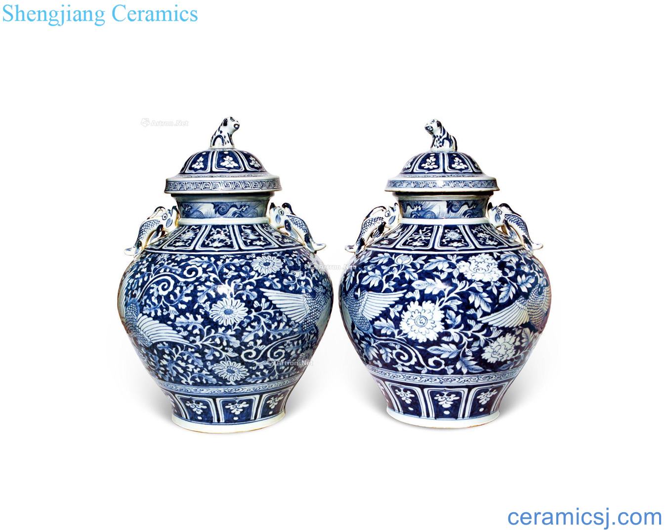 The yuan dynasty Phoenix design blue and white white peony first big auxiliary tank (a)