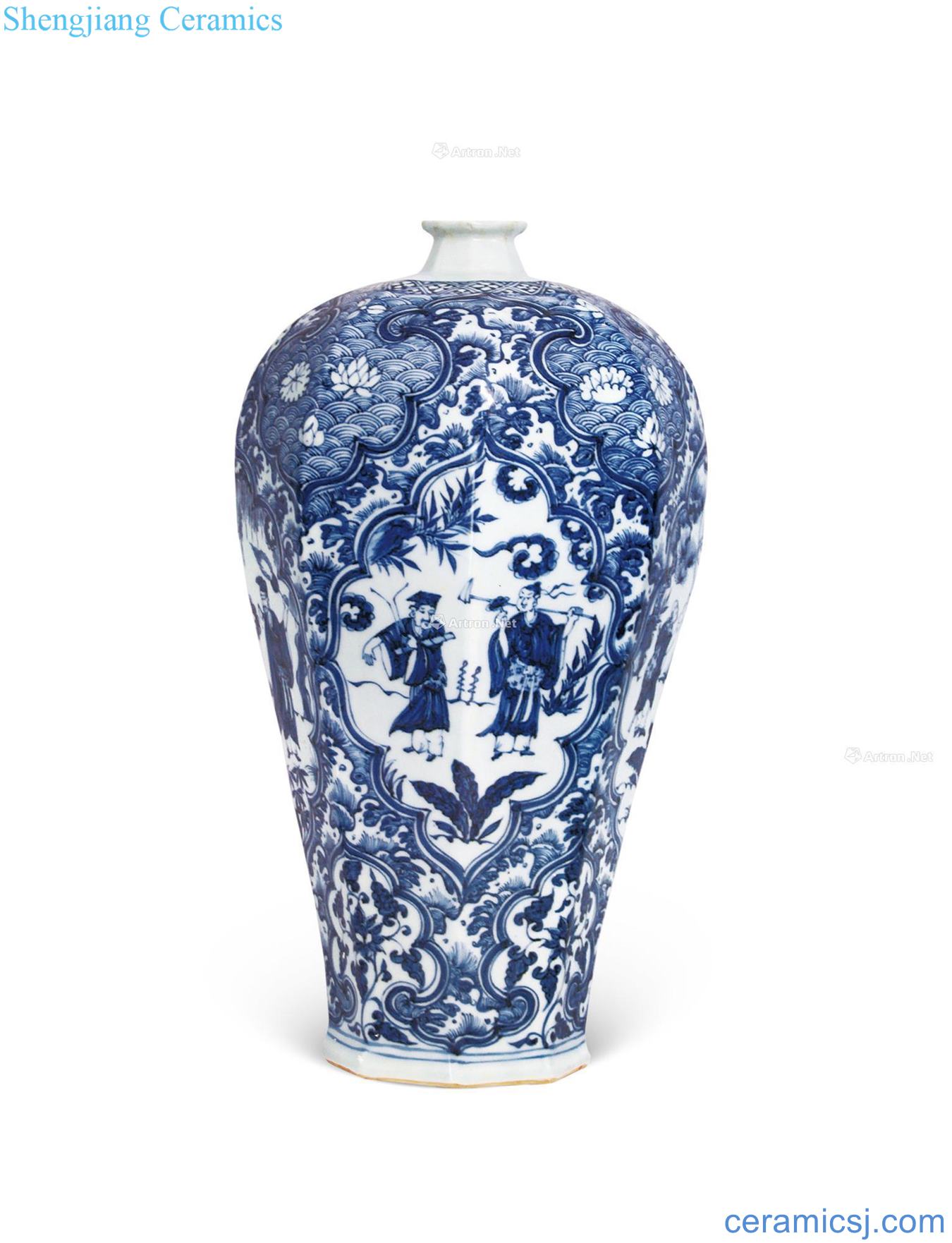 yuan Blue and white grain eight arrises plum bottle the eight immortals characters