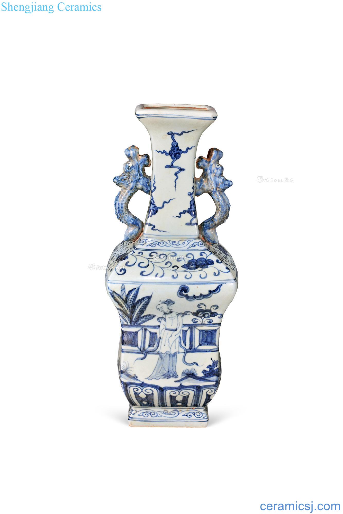 Ming Stories of blue and white lines or dragon ear square bottles