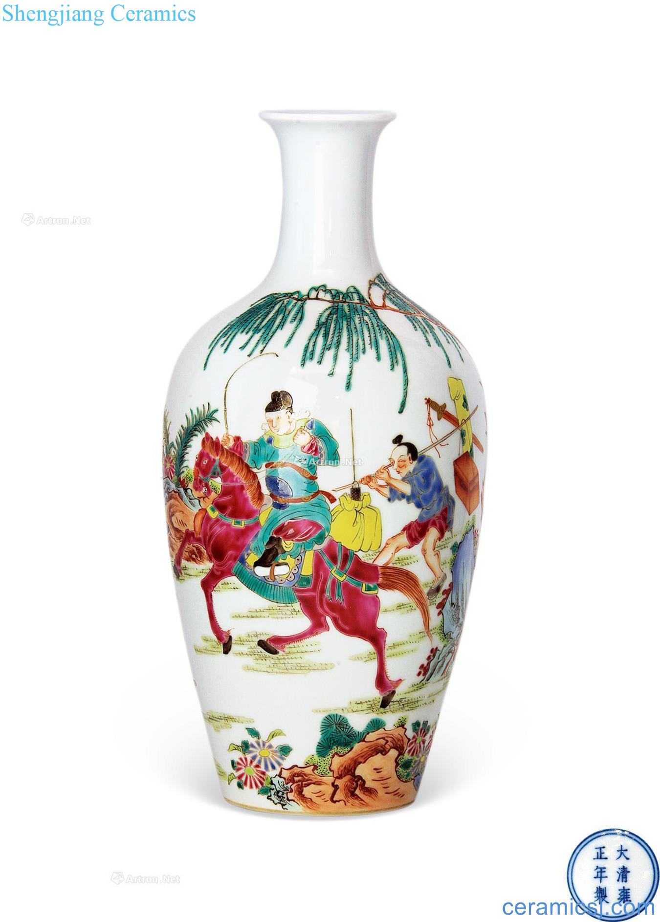 Yong zheng famille rose character on horseback straight flask